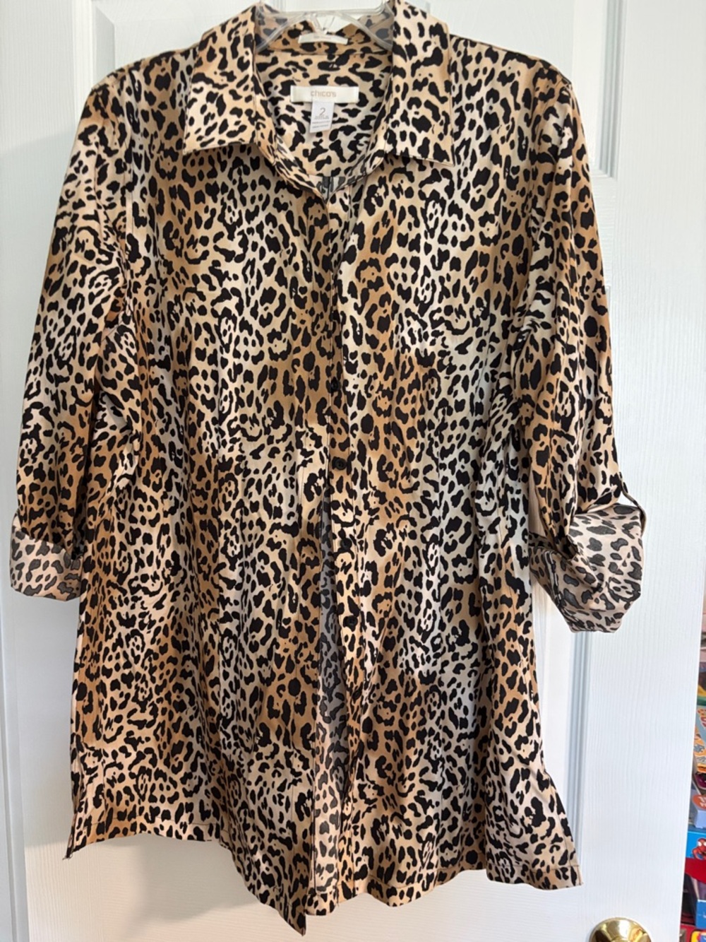 Chico's Leopard Print Button-Up Blouse in Tan & Black